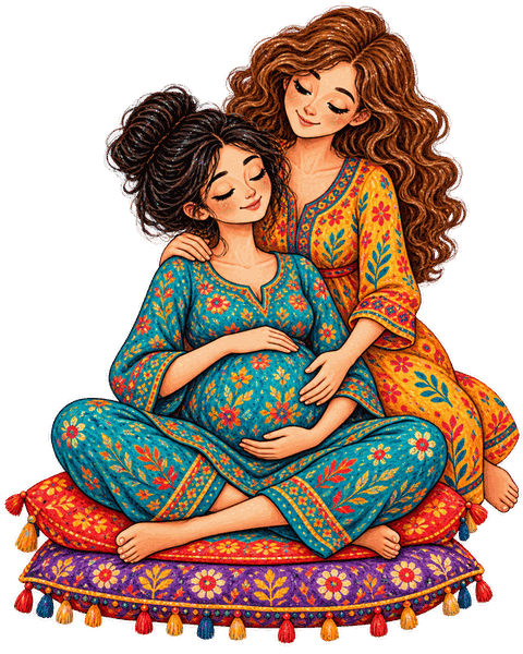 Иллюстрация: беременная женщина сидит на подушках, доула обнимает её сзади и кладёт ладони на живот