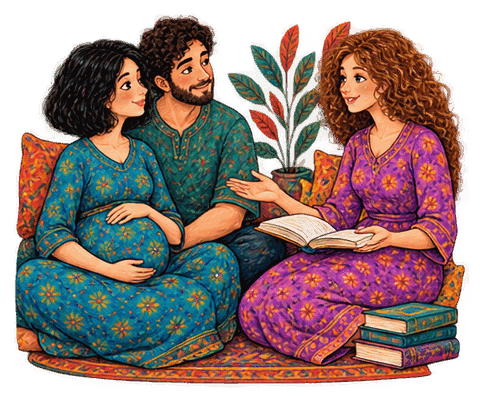 Иллюстрация: доула читает книгу и беседует с будущими родителями